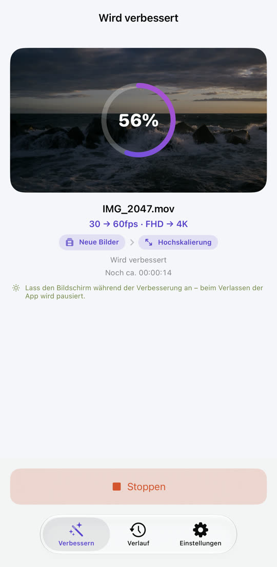 Fortschritt mit den Schritten neue Bilder und Hochskalierung