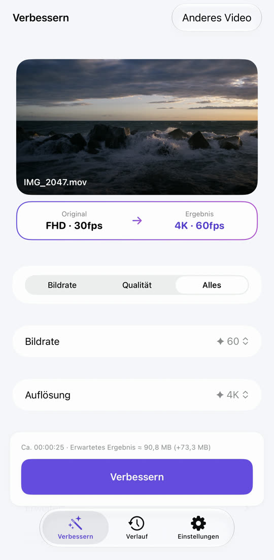 Bildschirm, der für ein Video „Full HD · 30 fps → 4K · 60 fps“ vorschlägt