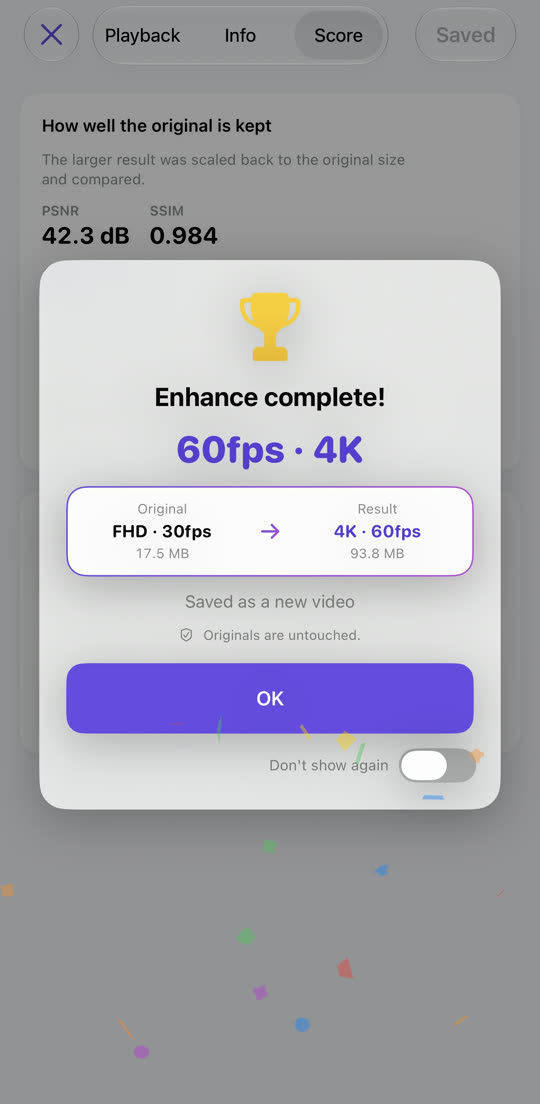 Completion card showing Full HD 30fps changed to 4K 60fps