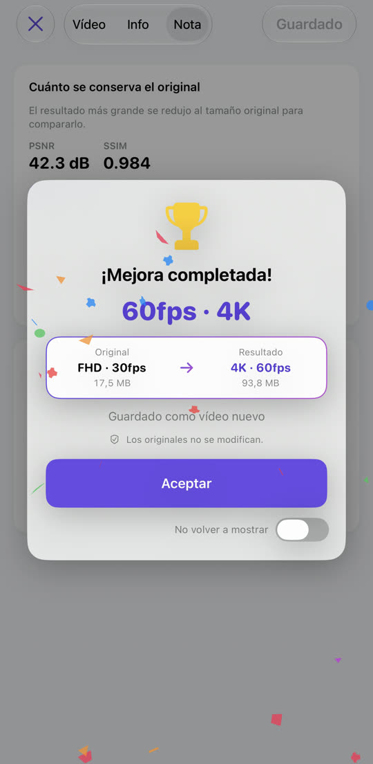 Aviso final que muestra Full HD 30 fps convertido en 4K 60 fps