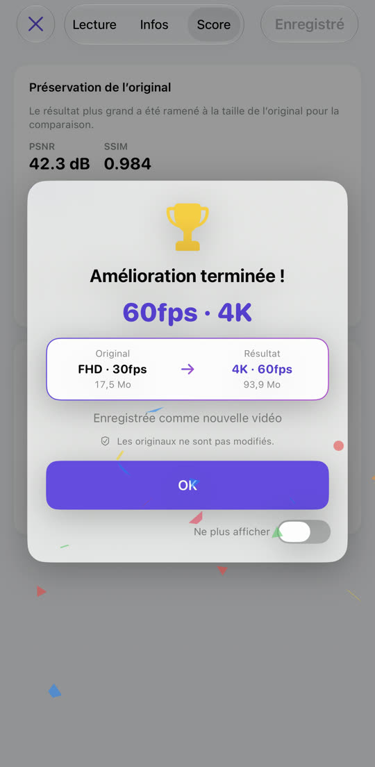 Fenêtre de fin montrant Full HD 30 fps devenu 4K 60 fps