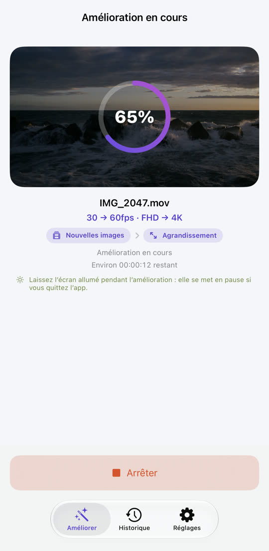 Écran de progression avec les étapes nouvelles images et agrandissement