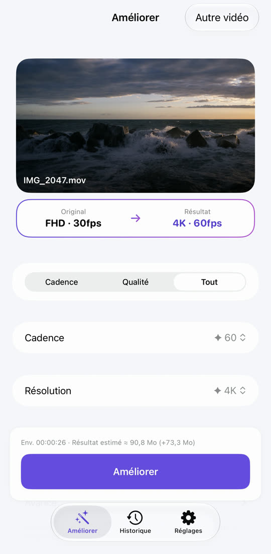 Écran qui propose « Full HD · 30 fps → 4K · 60 fps » pour la vidéo choisie
