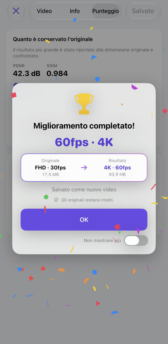Finestra finale che mostra Full HD 30 fps diventato 4K 60 fps