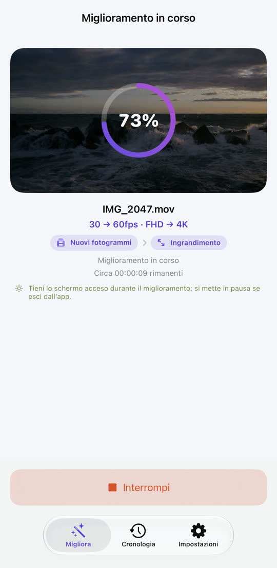 Schermata di avanzamento con i passaggi nuovi fotogrammi e ingrandimento