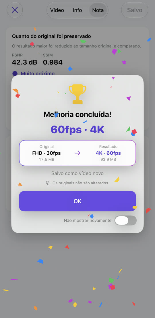 Aviso final mostrando Full HD 30 fps transformado em 4K 60 fps