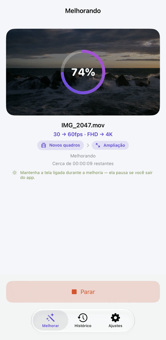 Tela de progresso com as etapas de quadros novos e ampliação