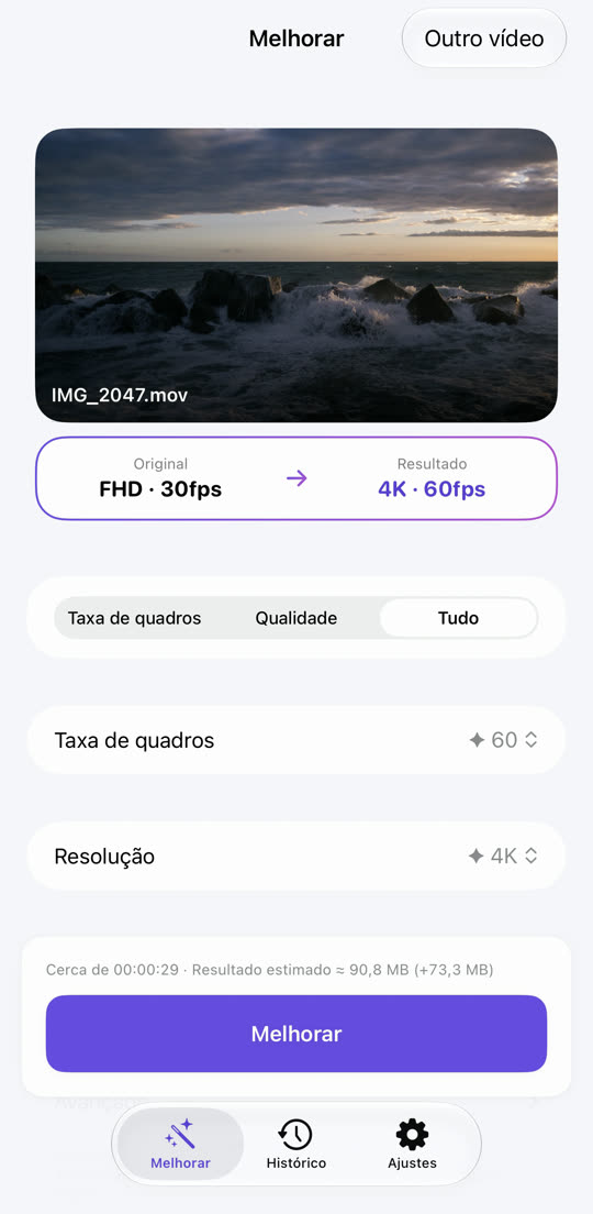 Tela que sugere “Full HD · 30 fps → 4K · 60 fps” para o vídeo escolhido