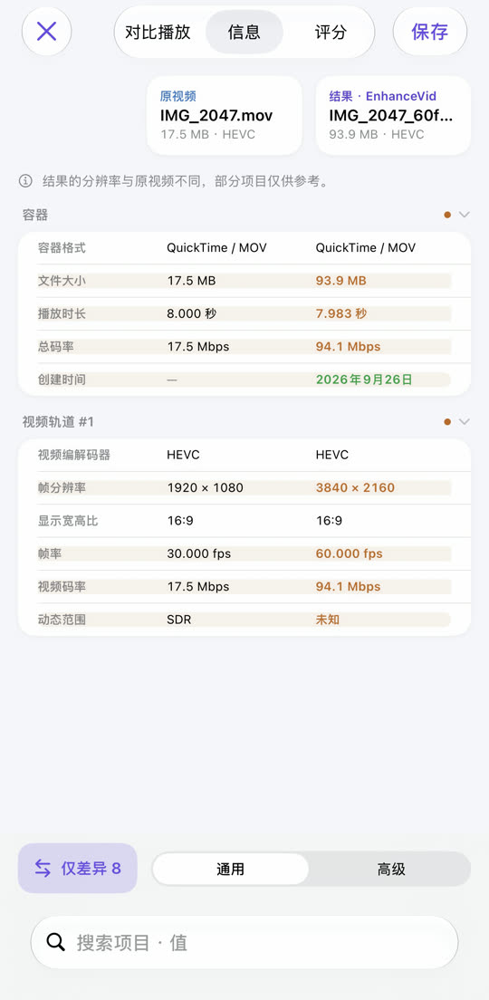 对比原视频与结果参数的表格