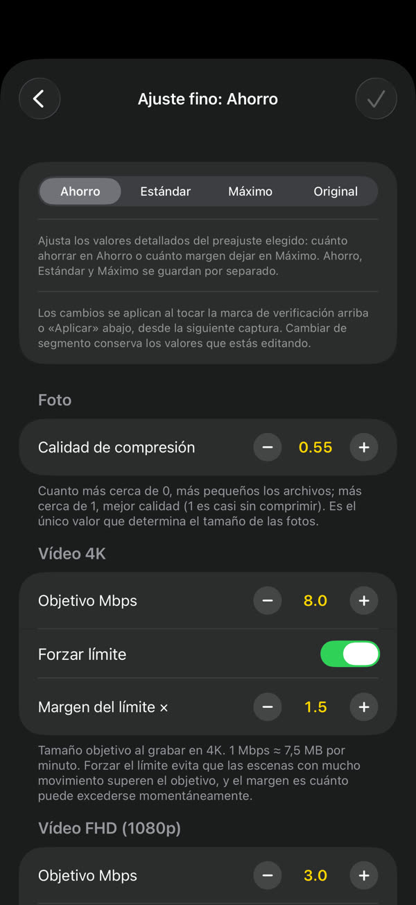 Fija el tamaño objetivo de cada resolución