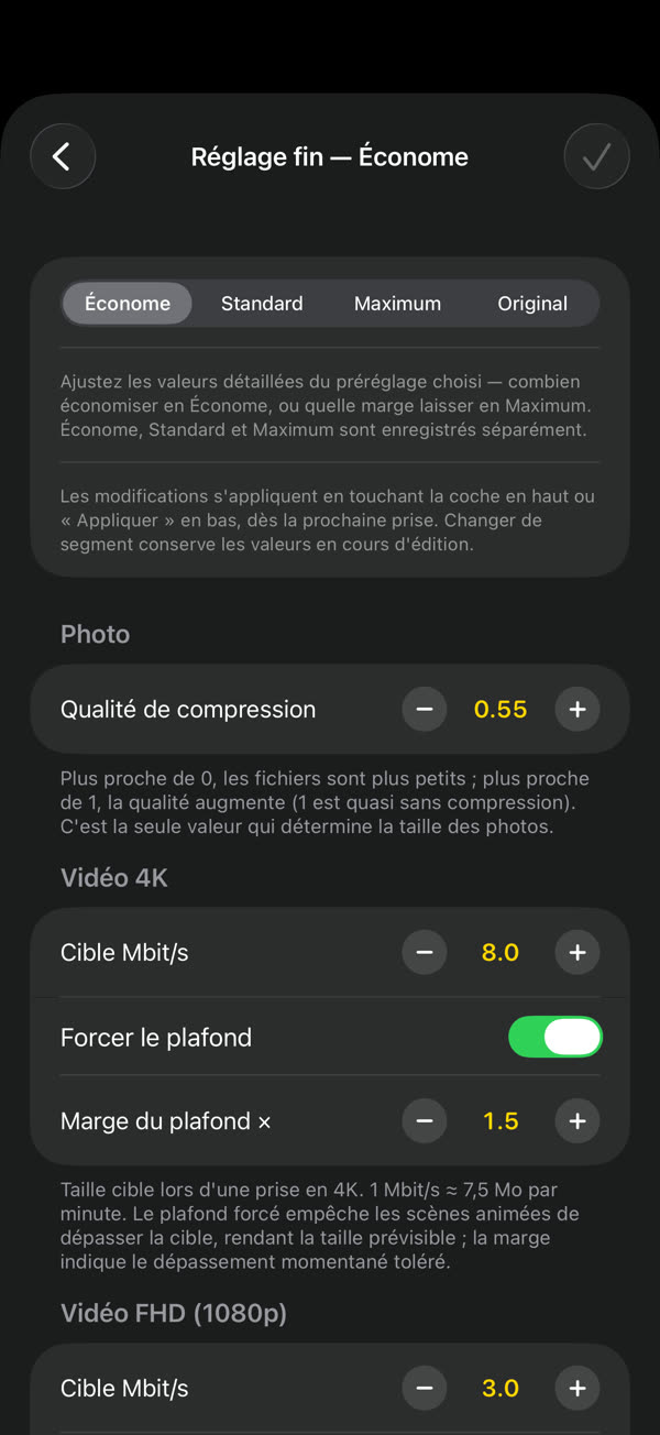 Définissez la taille cible pour chaque résolution