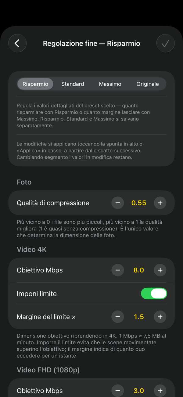 Imposta la dimensione per ogni risoluzione