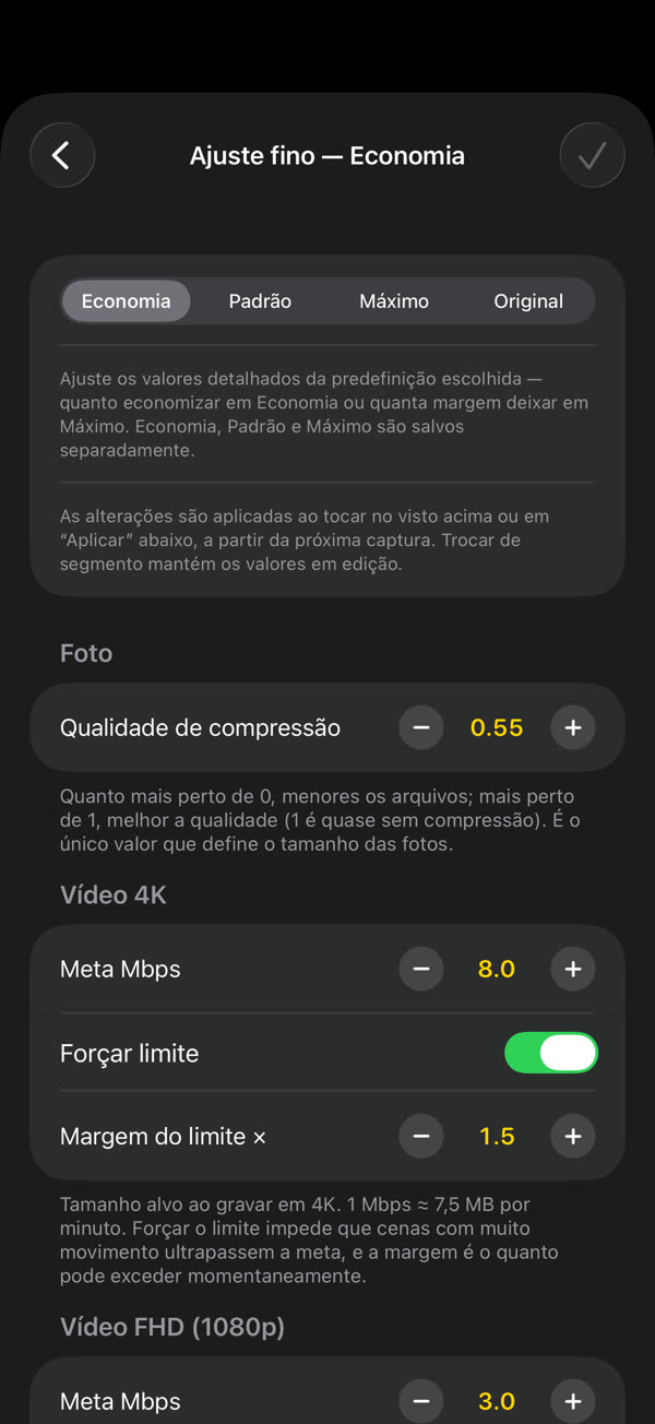 Defina o tamanho-alvo de cada resolução